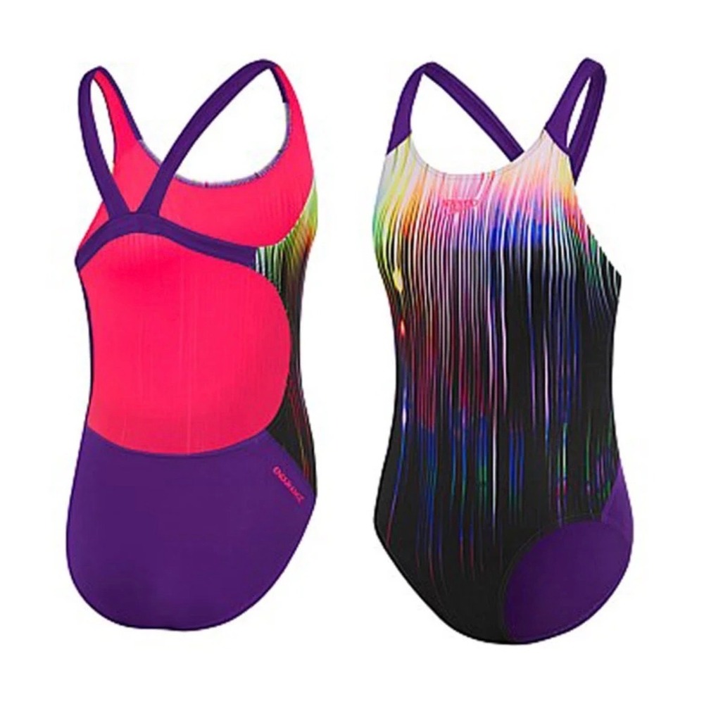 Speedo Endurance+ Girls One Piece Swimsuit Rainbow Streak Purple Black 14/32